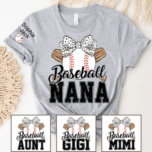 Baseball Nana Gameday Gift For Grandma with Grandkids Custom Name on Sleeve T-shirt