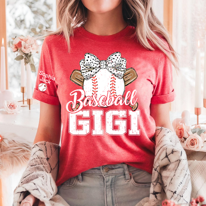 Baseball Nana Gameday Gift For Grandma with Grandkids Custom Name on Sleeve T-shirt