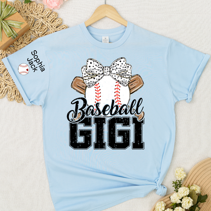 Baseball Nana Gameday Gift For Grandma with Grandkids Custom Name on Sleeve T-shirt