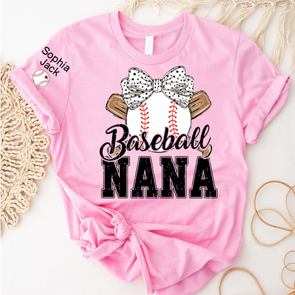 Baseball Nana Gameday Gift For Grandma with Grandkids Custom Name on Sleeve T-shirt