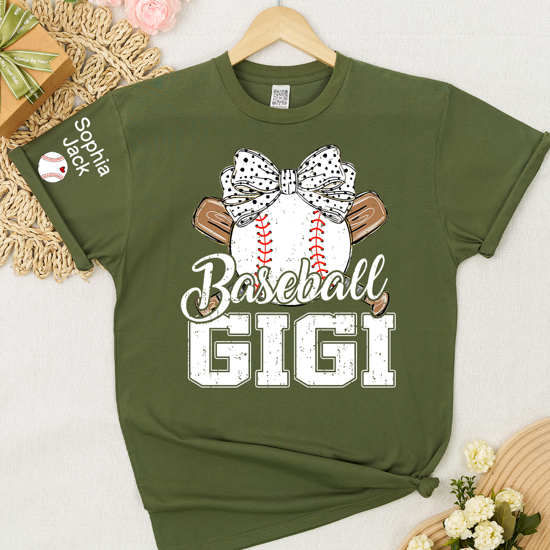 Baseball Nana Gameday Gift For Grandma with Grandkids Custom Name on Sleeve T-shirt