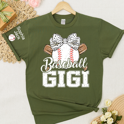 Baseball Nana Gameday Gift For Grandma with Grandkids Custom Name on Sleeve T-shirt