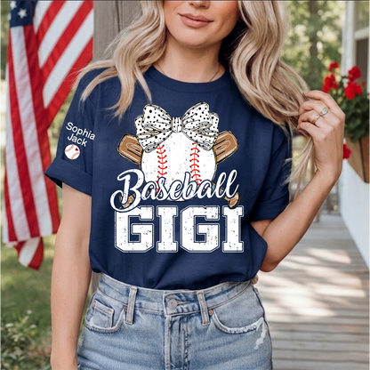 Baseball Nana Gameday Gift For Grandma with Grandkids Custom Name on Sleeve T-shirt