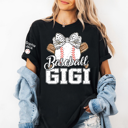 Baseball Nana Gameday Gift For Grandma with Grandkids Custom Name on Sleeve T-shirt