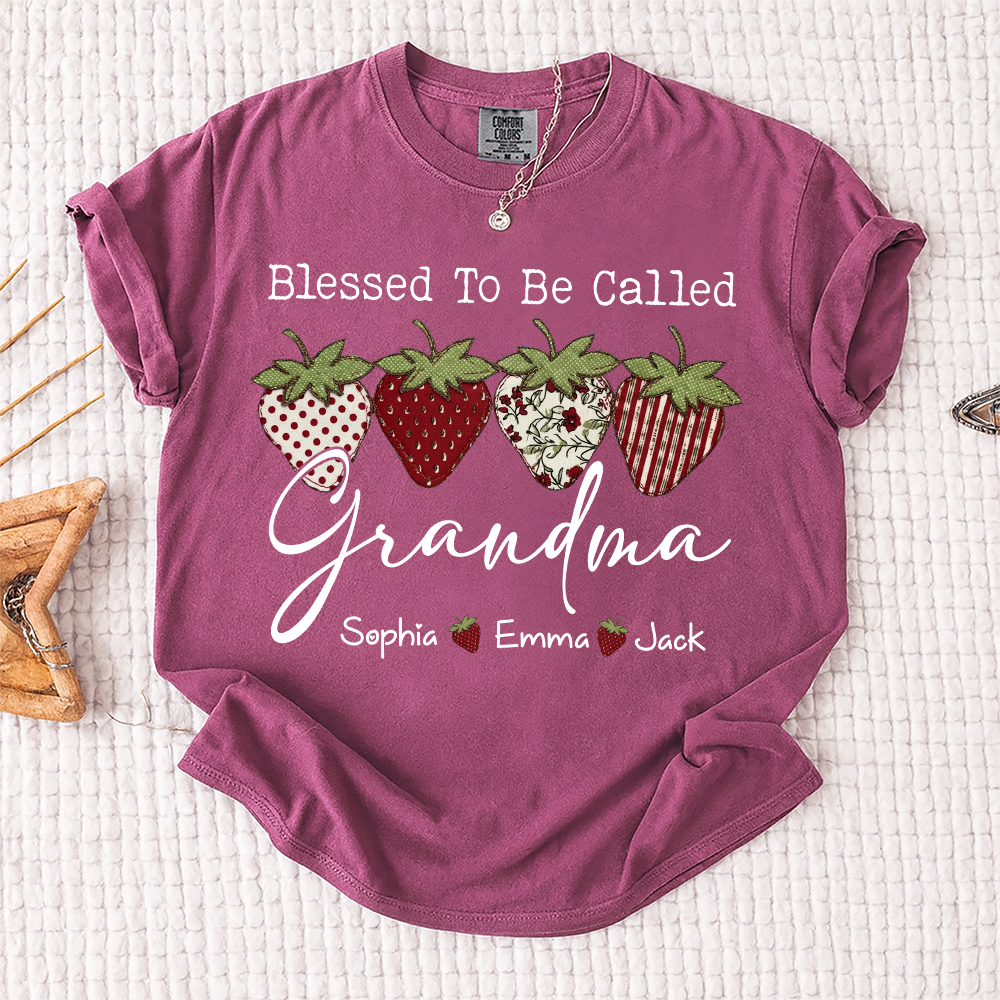 Comfort Colors® Personalized Blessed To Be Called Grandma, Custom Grandkids Names T-Shirt, Strawberry Patchwork Gift T-Shirt