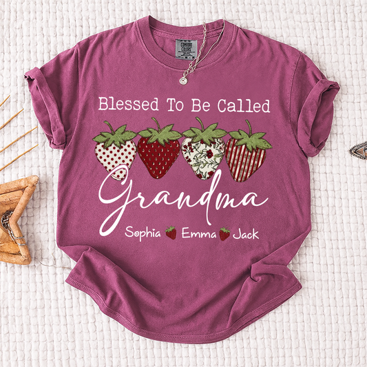 Comfort Colors® Personalized Blessed To Be Called Grandma, Custom Grandkids Names T-Shirt, Strawberry Patchwork Gift T-Shirt
