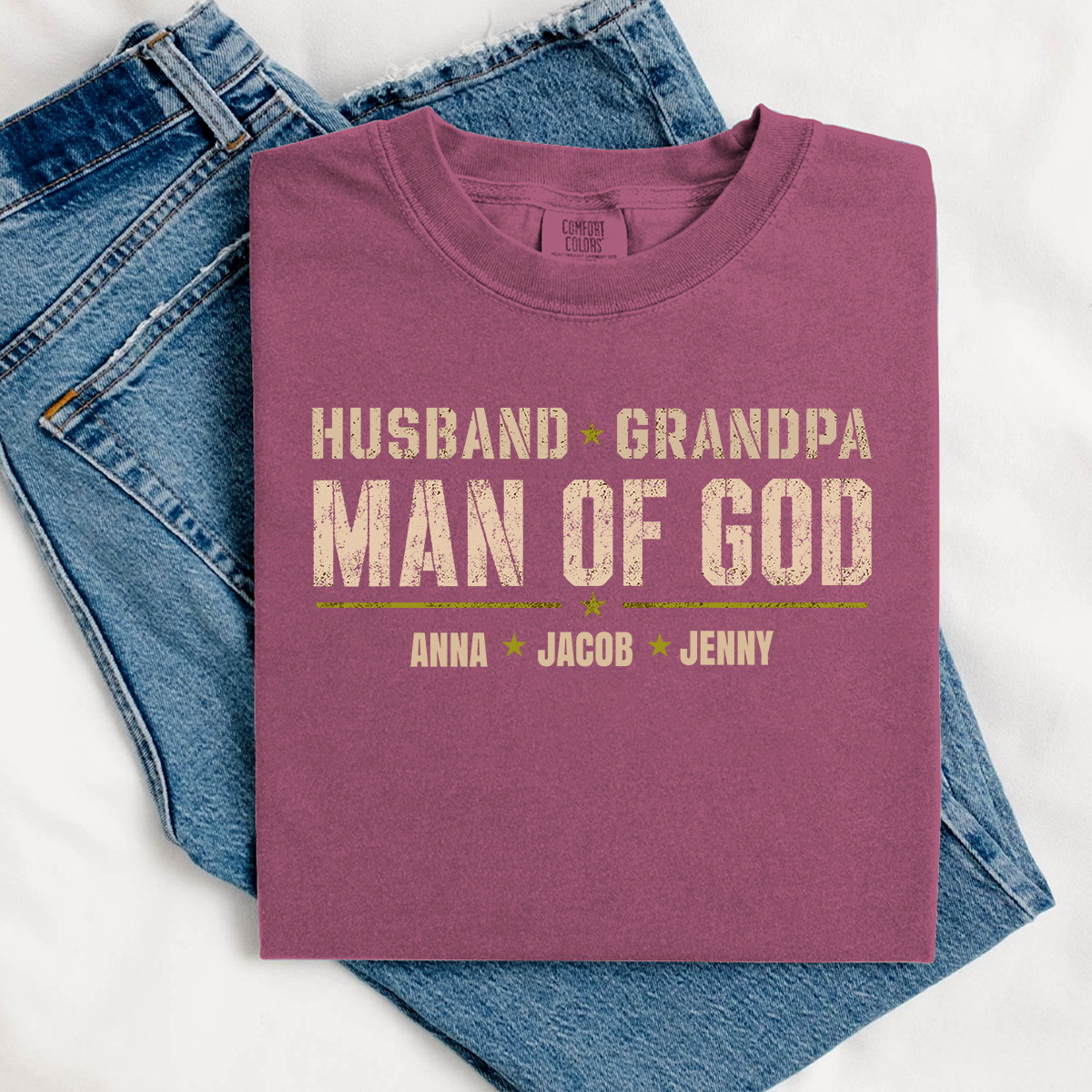 Comfort Colors® Personalized Husband Grandpa Man of God Shirt with Kids Names, Custom Family Nickname T-Shirt for Dad Fathers Day Birthday