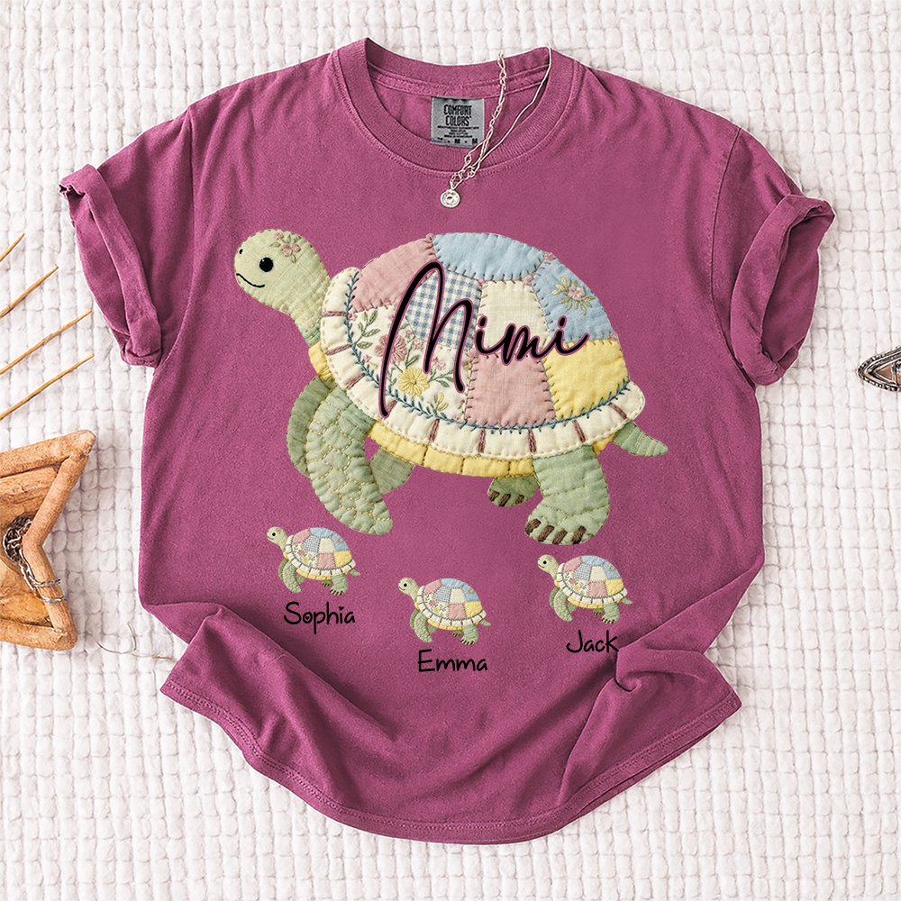 Comfort Colors® Personalized Mimi Patchwork Turtle, Custom Grandkids Names Shirt, Grandma Turtle Family Shirt, Birthday Gift for Mimi Nana Gigi, Mothers Day Shirt