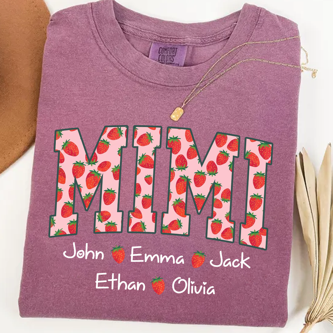 Comfort Colors® Personalized Mimi Strawberry Shirt, Custom Grandma Shirt with Grandkids Names, Cute Strawberry Graphic T-Shirt