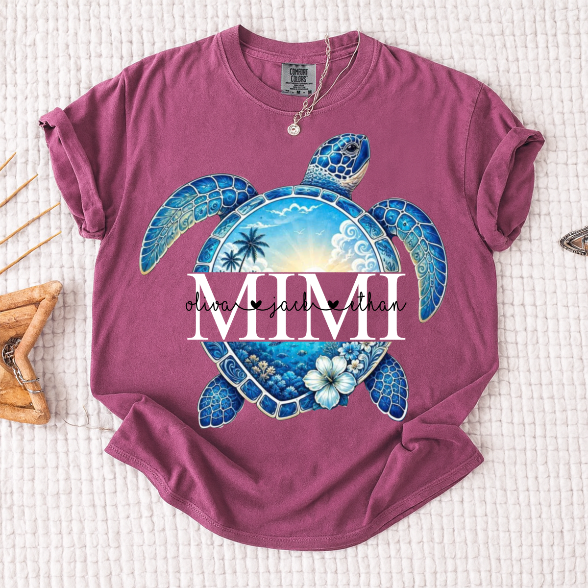 Comfort Colors® Personalized Mimi Sea Turtle Shirt, Custom Grandkids Names Beach Tee, Coastal Ocean Summer Gift for Grandma