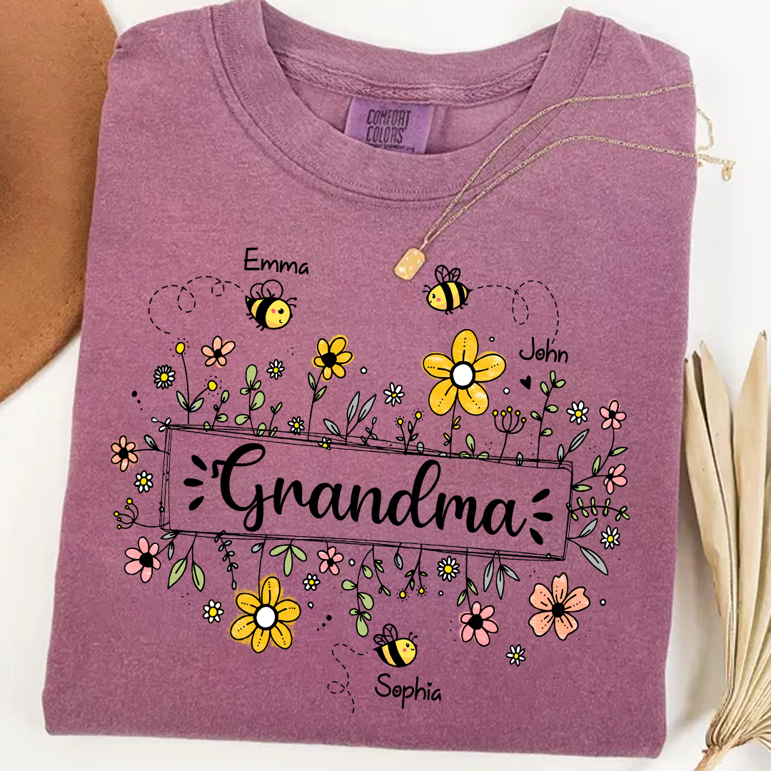 Personalized Grandma Flower Bee And Grandkids Custom Names Mother's Day Comfort Colors® T-Shirt