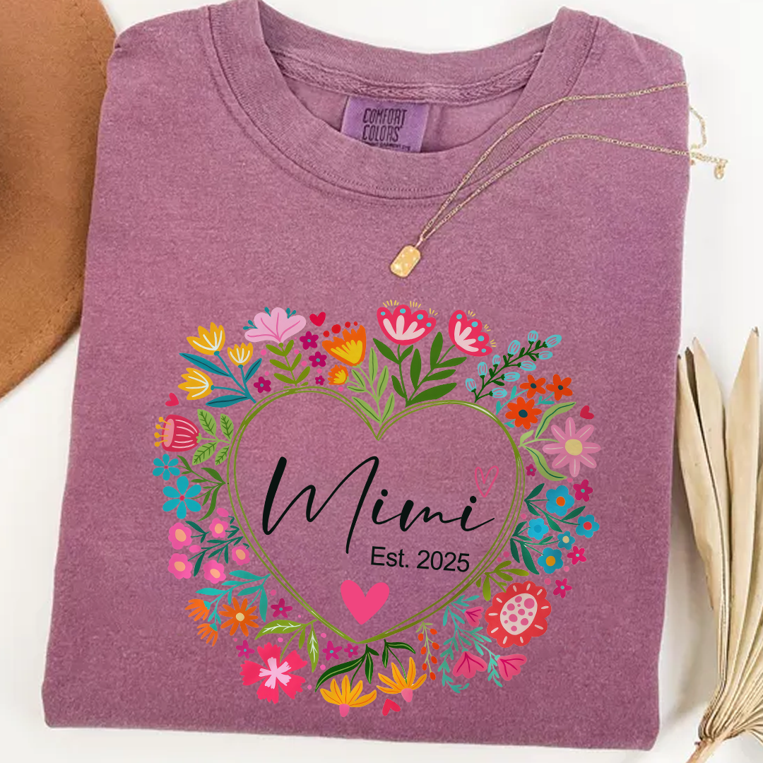 Comfort Colors® Mimi Heart Flower Est T-Shirt, Custom Grandma With Grandkids Shirt