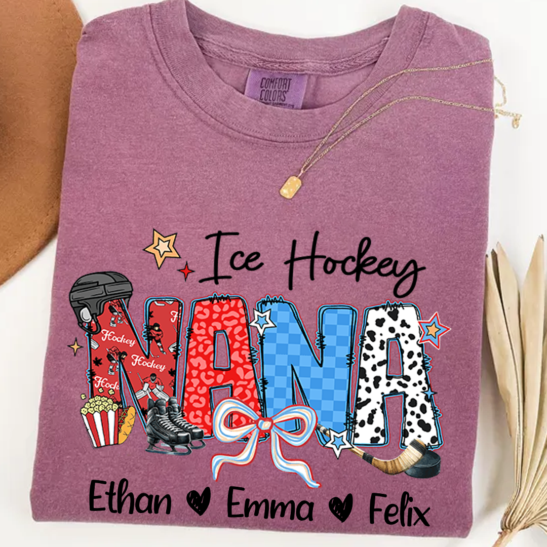 Comfort Colors® Ice Hockey Grandma T-Shirt, Custom Grandma With Grandkids Shirt
