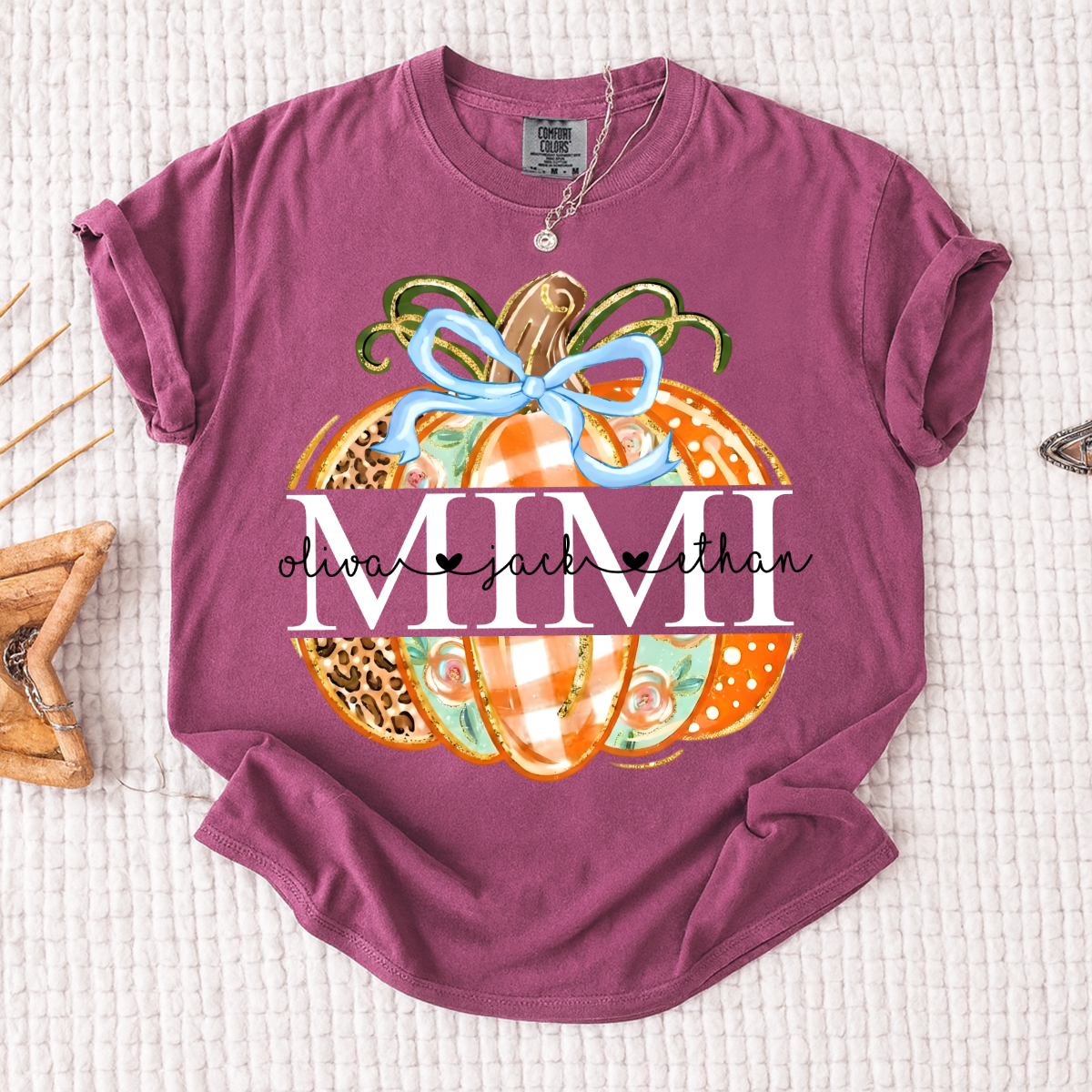 Comfort Colors® Personalized Mimi Pumpkin T-shirt, Autumn shirt for grandma with grandchildren's names, Cute autumn Thanksgiving gift for grandma