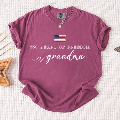 Comfort Colors® 250 Years of Freedom Personalized T-Shirt, Custom USA Flag Design for Grandma, Mama, Mimi, Gigi, Patriotic Family Shirt, Gifts for Independence Day, 4th of July
