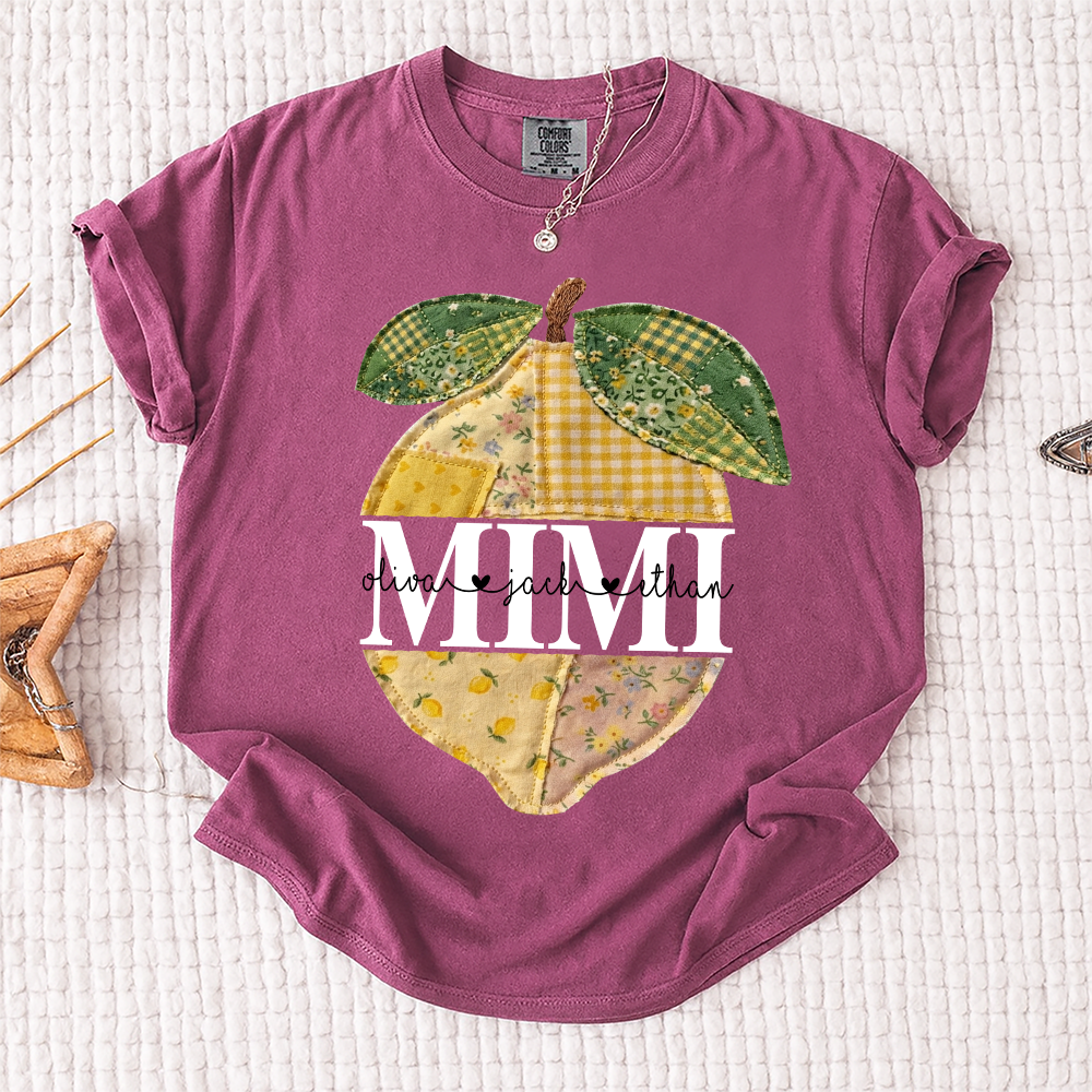 Comfort Colors® Custom Mimi Lemon Shirt, Personalized Grandkids Names Shirt, Patchwork Citrus Summer Shirt, Gift for Grandma Nana Gigi