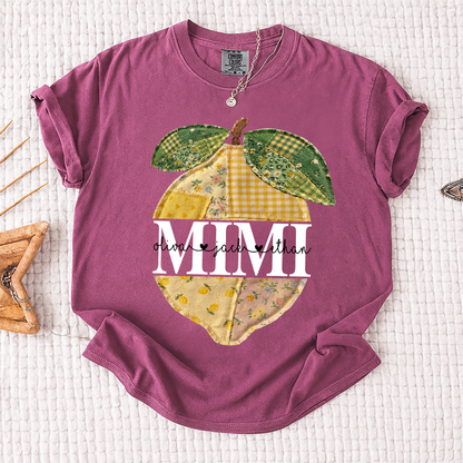 Comfort Colors® Custom Mimi Lemon Shirt, Personalized Grandkids Names Shirt, Patchwork Citrus Summer Shirt, Gift for Grandma Nana Gigi