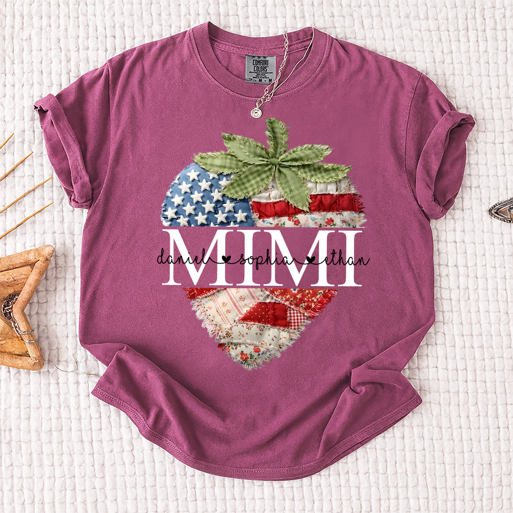 Comfort Colors Mimi Custom Family Tee, Faux Quilted Strawberry 4th of July Grandma T-Shirt, Patriotic American Flag Berry Graphic, Summer Gift for Grandma, Independence Day Shirt