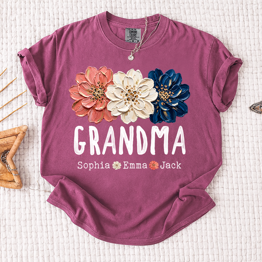 Comfort Colors® Patriotic Floral Grandma T-Shirt, Personalized Nana Mimi Mama Shirt with Kids Names, 4th of July Independence Day Gift