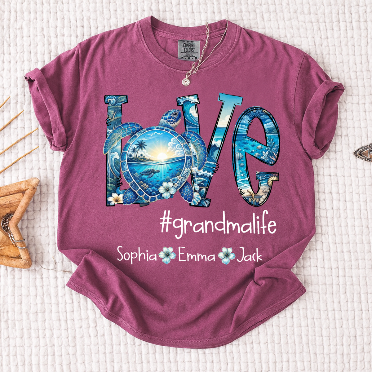 Comfort Colors® Personalized Love grandmalife Sea Turtle Shirt, Custom Family Names Gift for Grandma Shirt, Gift for Mimi Nana Gigi