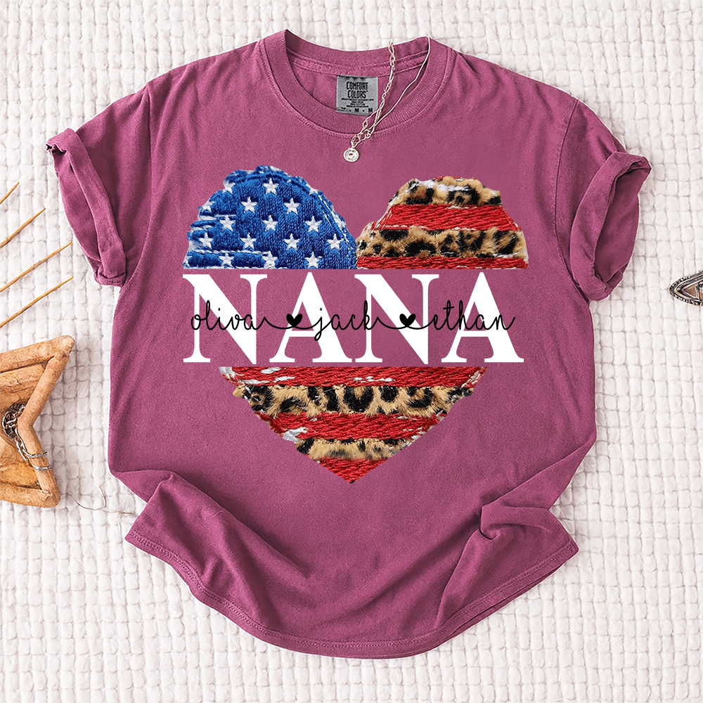 Comfort Colors® Personalized Nana Patriotic Heart Shirt with Grandkids Names, Custom Family Nickname Tee, American Flag Leopard Print, 4th of July Outfit Gift For Mother's Day Birthday