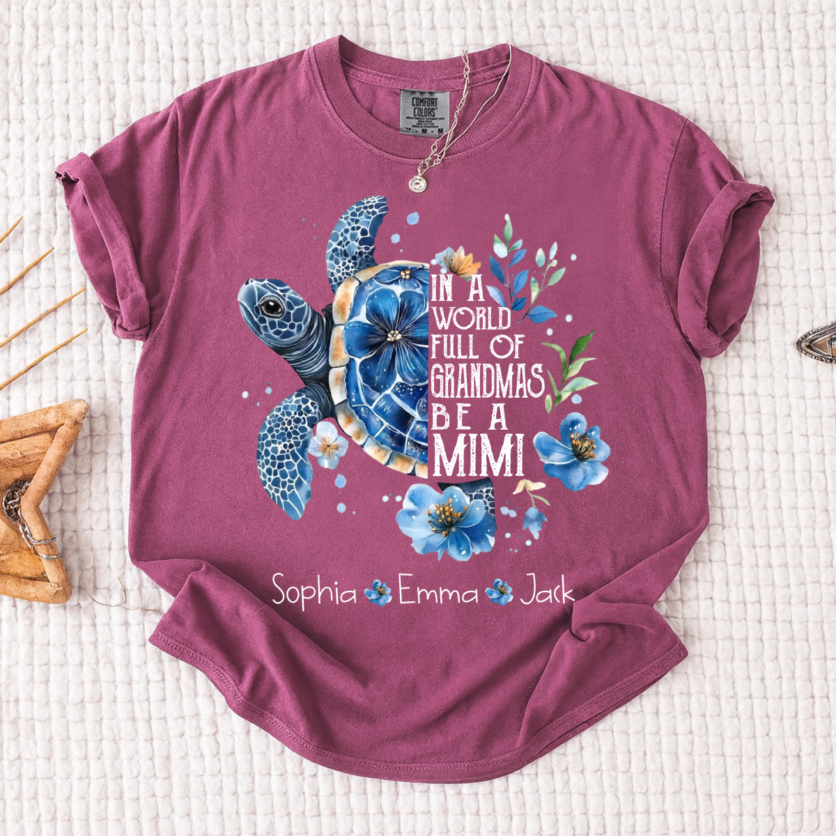 Comfort Colors® In A World Full Of Grandmas Be A Mimi Shirt, Sea Turtle Floral T-Shirt, Personalized Mimi Gift, Grandma Beach Tee