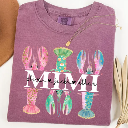 Comfort Colors Custom Mimi Lobster Shirt with Grandkids Names, Personalized Grandma Beach Summer T-Shirt Gift for Grandma