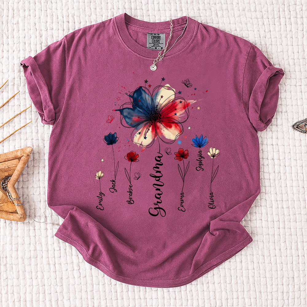 Personalized Grandma Wildflower Shirt, Custom Kids Names Floral Tee for Nana Mimi Gigi Grammy, Patriotic Flower Gift for Grandma Birthday Mothers Day Shirt