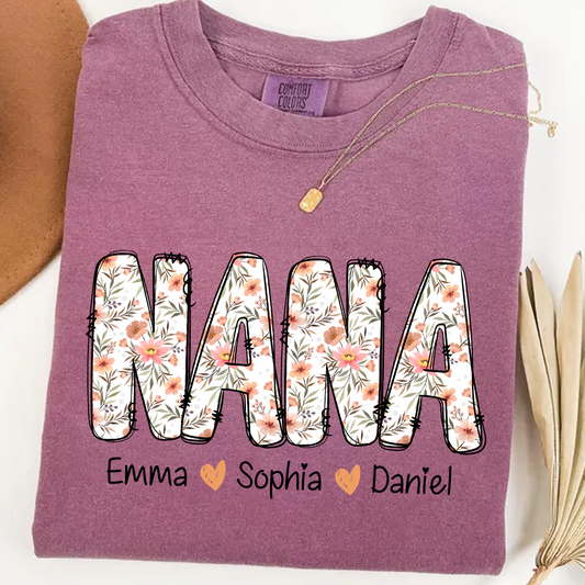 Comfort Colors® Nana Flower 2025 Shirt, Custom Grandma And Grandkids Shirt