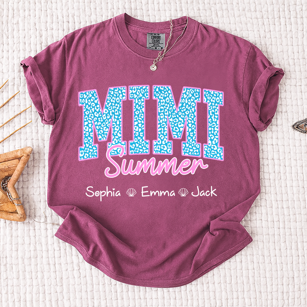 Comfort Colors® Personalized Mimi Summer Shirt, Custom Grandkids Names Shirt, Leopard Heart Grandma Shirt, Summer Gift for Mimi Nana Gigi, Birthday Mothers Day Shirt
