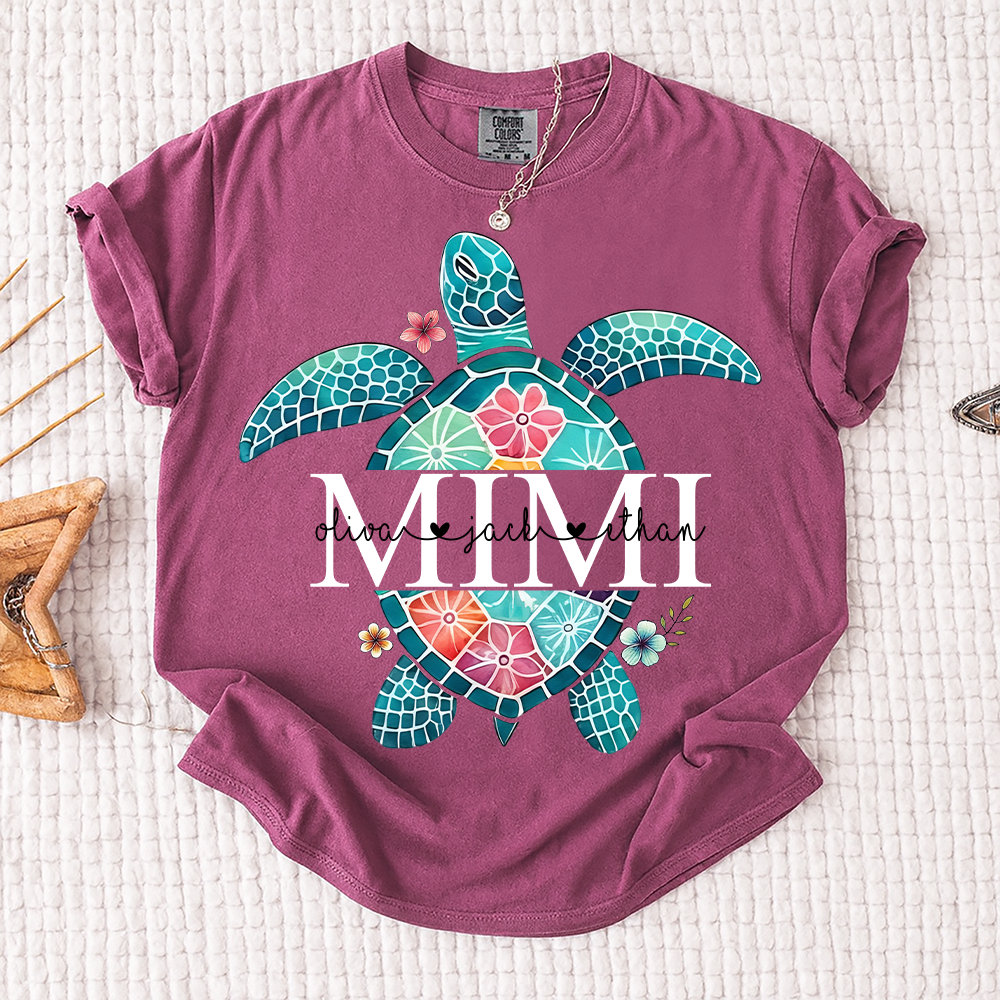 Comfort Colors® Personalized Mimi Sea Turtle Shirt, Custom Grandkids Names Beach Shirt, Coastal Summer Vacation Shirt for Grandma, Ocean Lover Gift for Mimi Nana Gigi