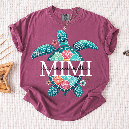 Comfort Colors® Personalized Mimi Sea Turtle Shirt, Custom Grandkids Names Beach Shirt, Coastal Summer Vacation Shirt for Grandma, Ocean Lover Gift for Mimi Nana Gigi
