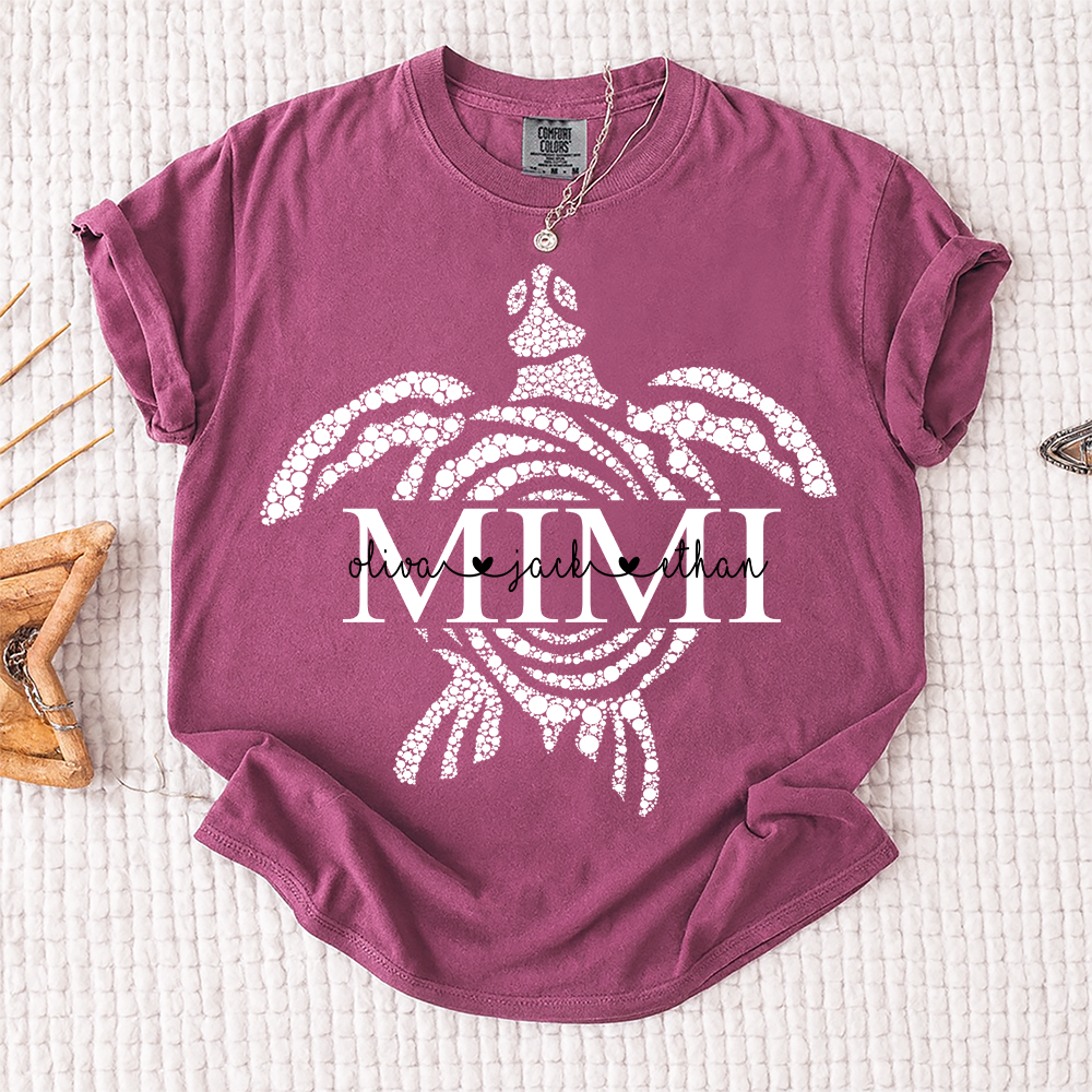 Comfort Colors® Personalized Mimi Mimi Sea Turtle Shirt, Custom Grandkids Names Beach Shirt,Custom Family Names Gift for Grandma