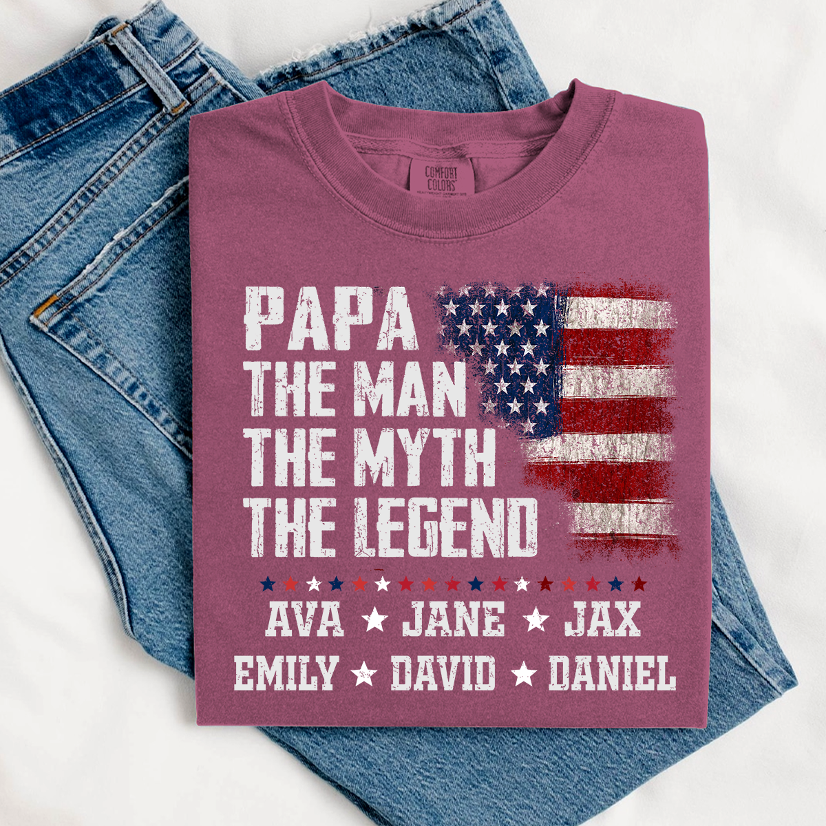 Papa The Man The Myth The Legend Shirt - Custom Comfort Colors Tee with Grandkids Names - Father's Day Gift