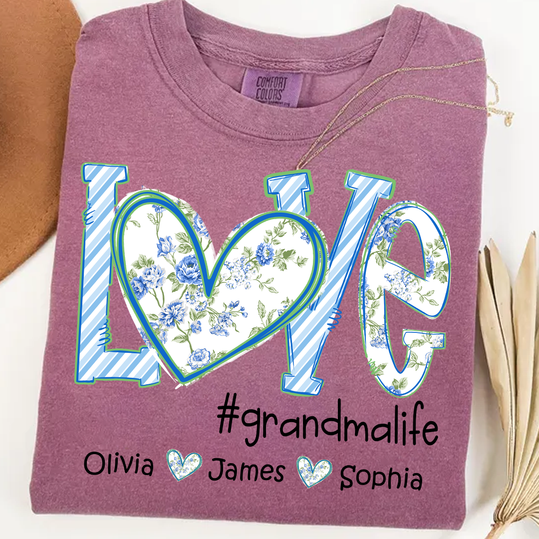 Love grandmalife Personalized Grandma Shirt - Floral Print Comfort Colors Tee - Custom Grandmother Gift with Grandkids' Names