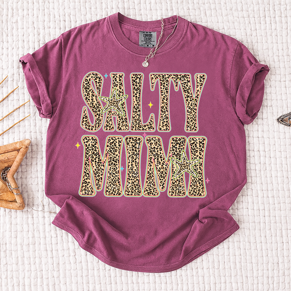 Comfort Colors® Personalized Salty Mimi Leopard Starfish Shirt, Beach Summer Vacation Tee, Funny Coastal Mimi Mom Life Shirt, Gift for Grandma Nana Mimi Women