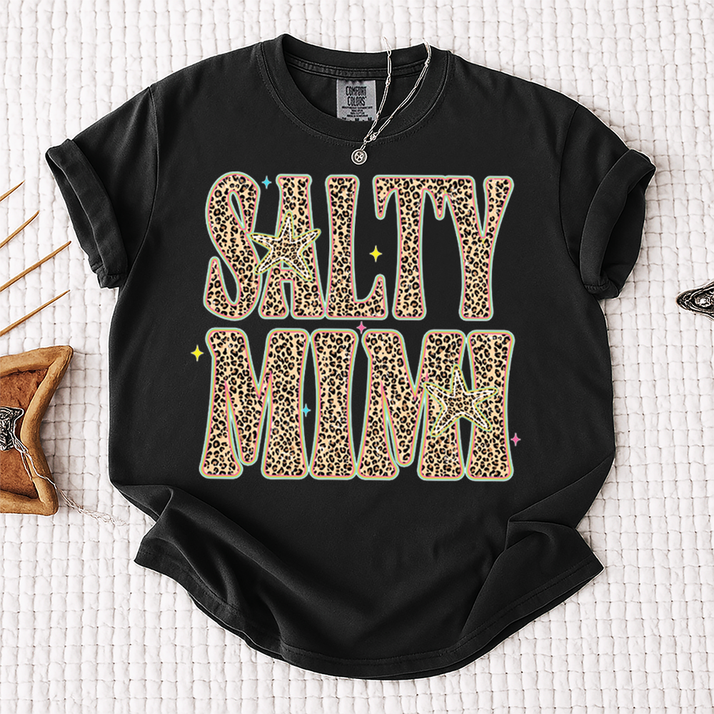 Comfort Colors® Personalized Salty Mimi Leopard Starfish Shirt, Beach Summer Vacation Tee, Funny Coastal Mimi Mom Life Shirt, Gift for Grandma Nana Mimi Women