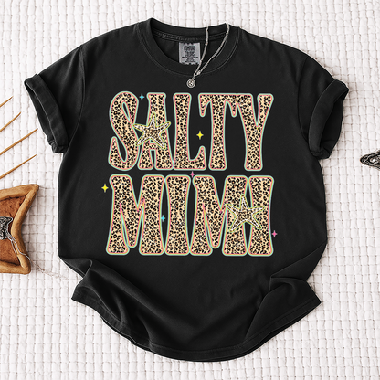 Comfort Colors® Personalized Salty Mimi Leopard Starfish Shirt, Beach Summer Vacation Tee, Funny Coastal Mimi Mom Life Shirt, Gift for Grandma Nana Mimi Women