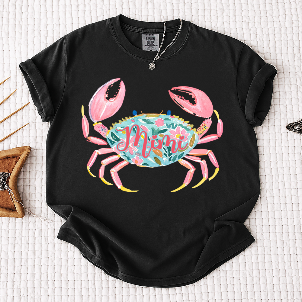 Comfort Colors® Personalized Mimi Crab Shirt, Custom Grandma Beach Shirt, Cute Floral Crab Summer Tee, Ocean Vacation Gift for Mimi Nana Gigi, Birthday Mothers Day Shirt