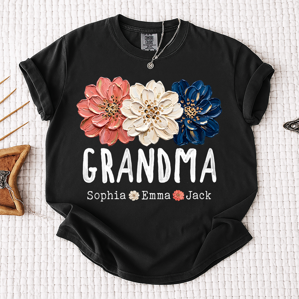 Comfort Colors® Patriotic Floral Grandma T-Shirt, Personalized Nana Mimi Mama Shirt with Kids Names, 4th of July Independence Day Gift