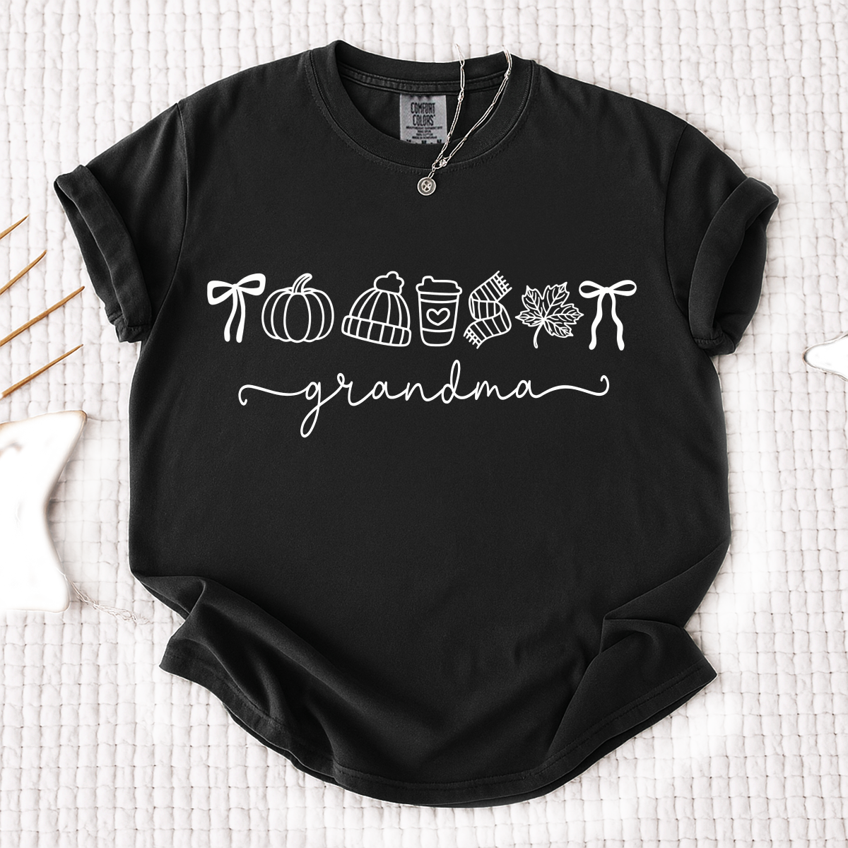 Comfort Colors® Personalized Grandma Fall T-Shirt, Pumpkin Coffee Autumn Leaves Shirt, Custom Grandma Name Thanksgiving Gift, Custom Family Names Gift for Grandma
