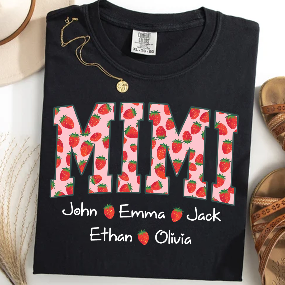 Comfort Colors® Personalized Mimi Strawberry Shirt, Custom Grandma Shirt with Grandkids Names, Cute Strawberry Graphic T-Shirt