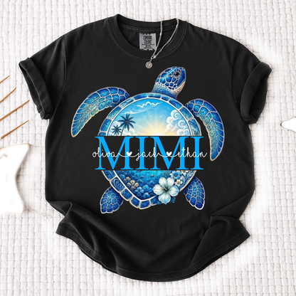 Comfort Colors® Personalized Mimi Sea Turtle Shirt, Custom Grandkids Names Beach Tee, Coastal Ocean Summer Gift for Grandma