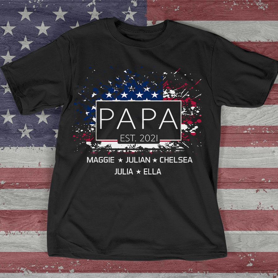 Personalized Papa Est T-shirt, Custom Papa with Grandkids US Flag American Independence Day T-Shirt, Custom Father's Day Shirt