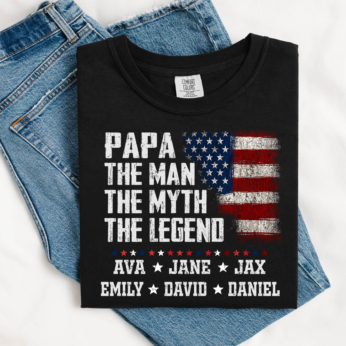 Papa The Man The Myth The Legend Shirt - Custom Comfort Colors Tee with Grandkids Names - Father's Day Gift
