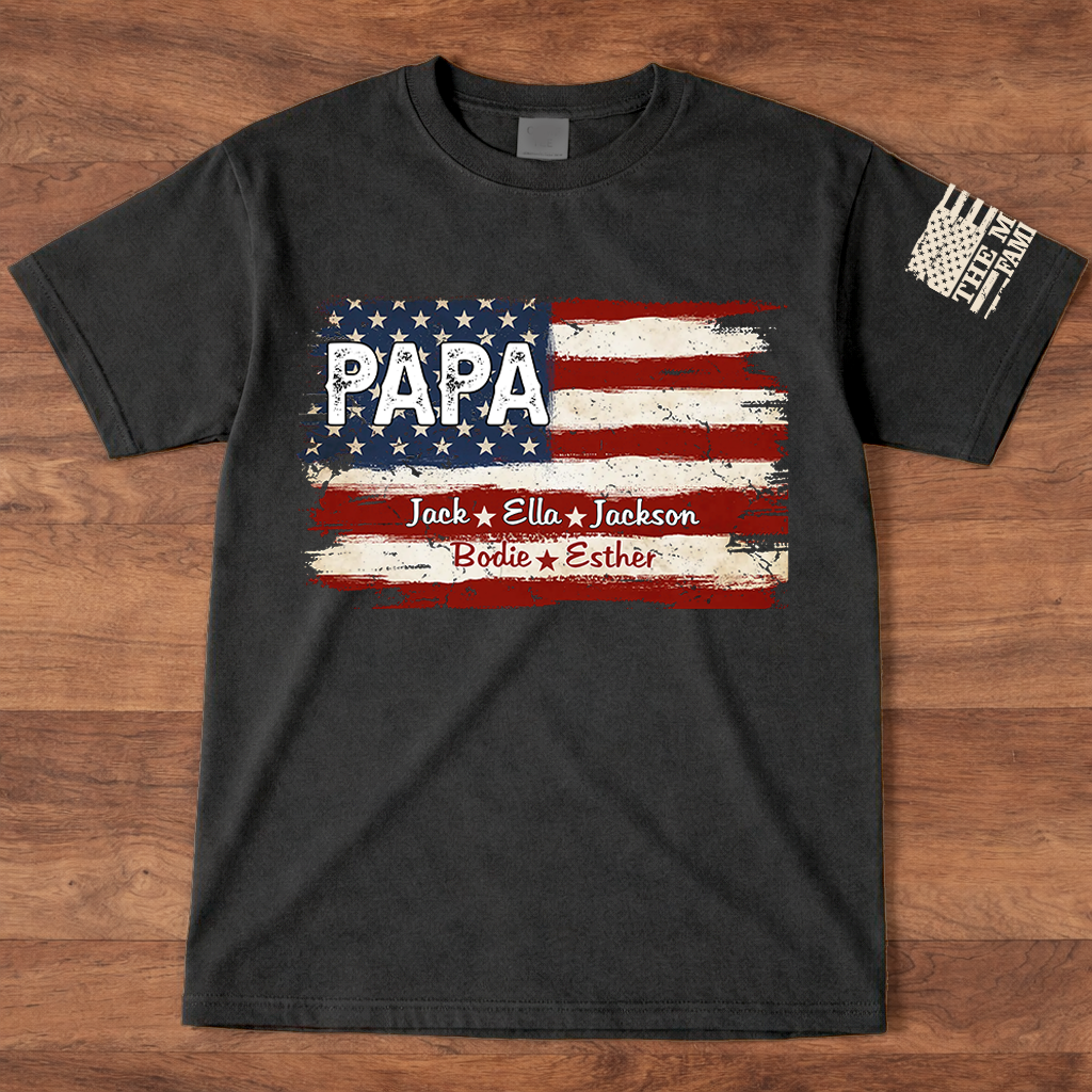 Personalized Papa American Flag Shirt, Custom Dad T-Shirt with Kids Names, Patriotic Family Gift