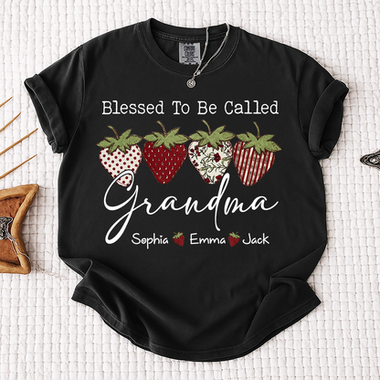 Comfort Colors® Personalized Blessed To Be Called Grandma, Custom Grandkids Names T-Shirt, Strawberry Patchwork Gift T-Shirt