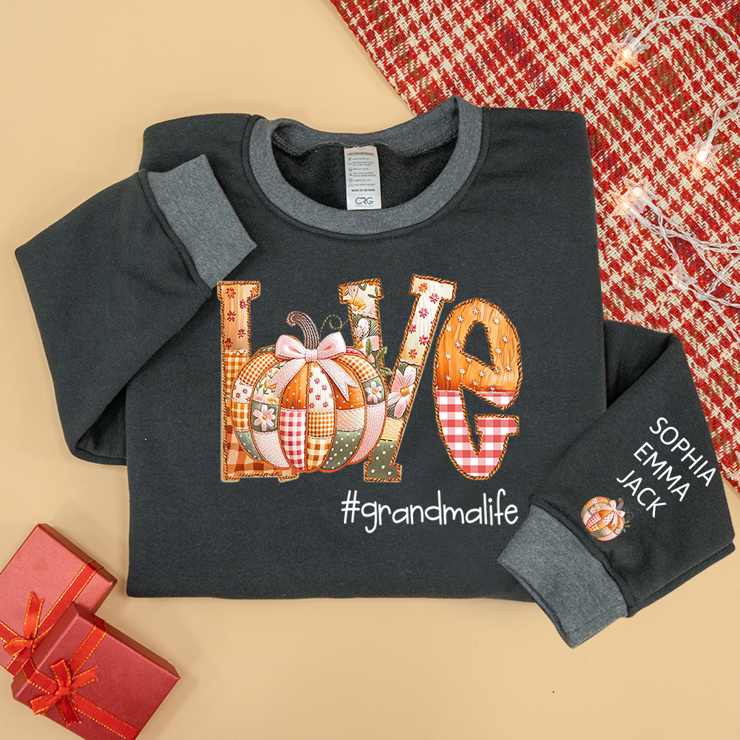 Personalized Love Grandmalife Pumpkin Patchwork Fall with Grandkids Names, Holiday Design, Cozy Family Gift for Grandma Sweatshirt Mix