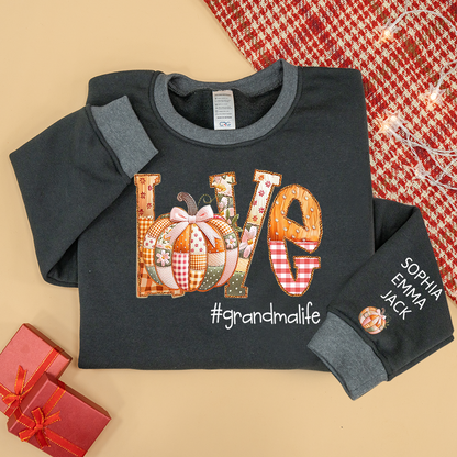 Personalized Love Grandmalife Pumpkin Patchwork Fall with Grandkids Names, Holiday Design, Cozy Family Gift for Grandma Sweatshirt Mix