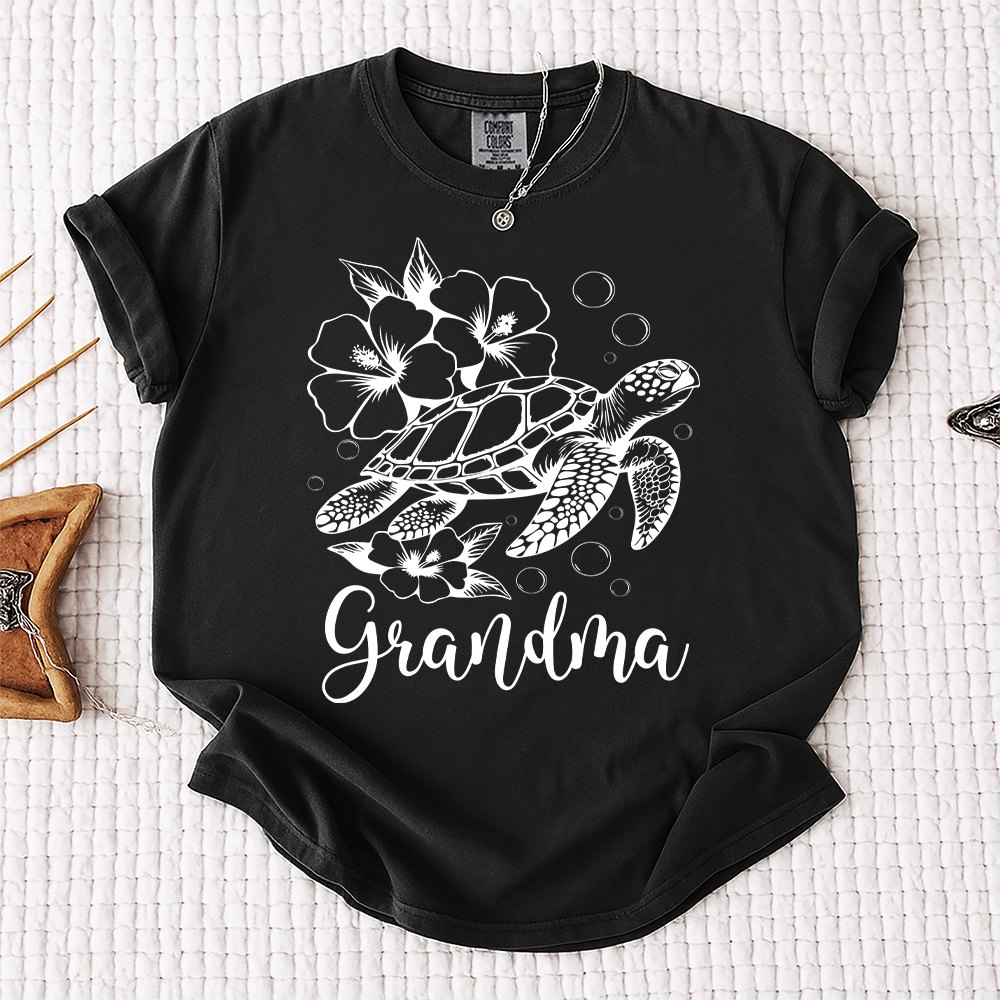 Comfort Colors® Personalized Mimi Hibiscus Sea Turtle Shirt, Cute Sumer , Custom Family Names Gift for Grandma